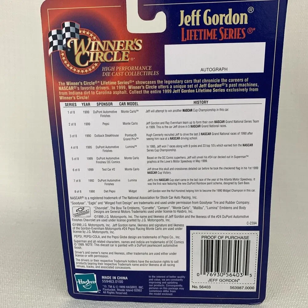 1999 Winner's Circle Jeff Gordon Dupont‎ Superman Monte Carlo 1:64 Diecast Card